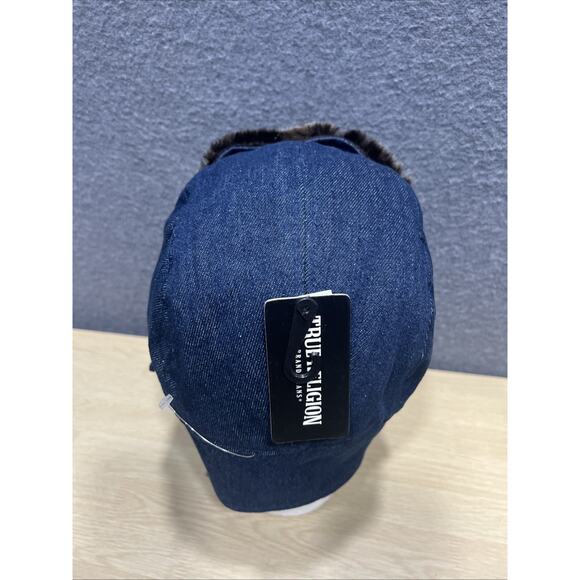True Religion Trapper Hat Dark Blue Cotton Faux Fur Horseshoe Pockets Chin Strap - Picture 6 of 10